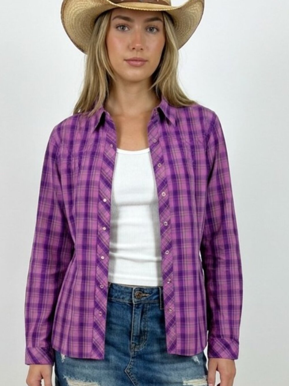 Bit & Bridle Plaid Western Snap Shirt Purple Green Size M